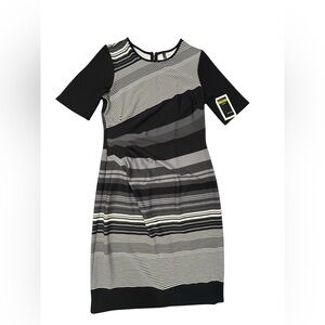 Julian Taylor Black & Gray Striped Midi Dress 14 NWT RN67473